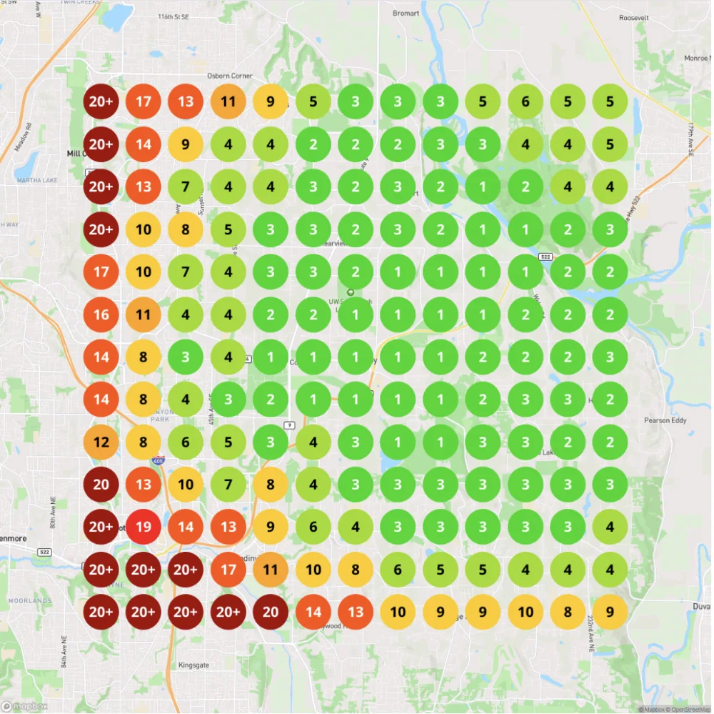 Local search ranking heat map showing where a business ranks across a city, color-coded from green (top three) to red (not ranking)