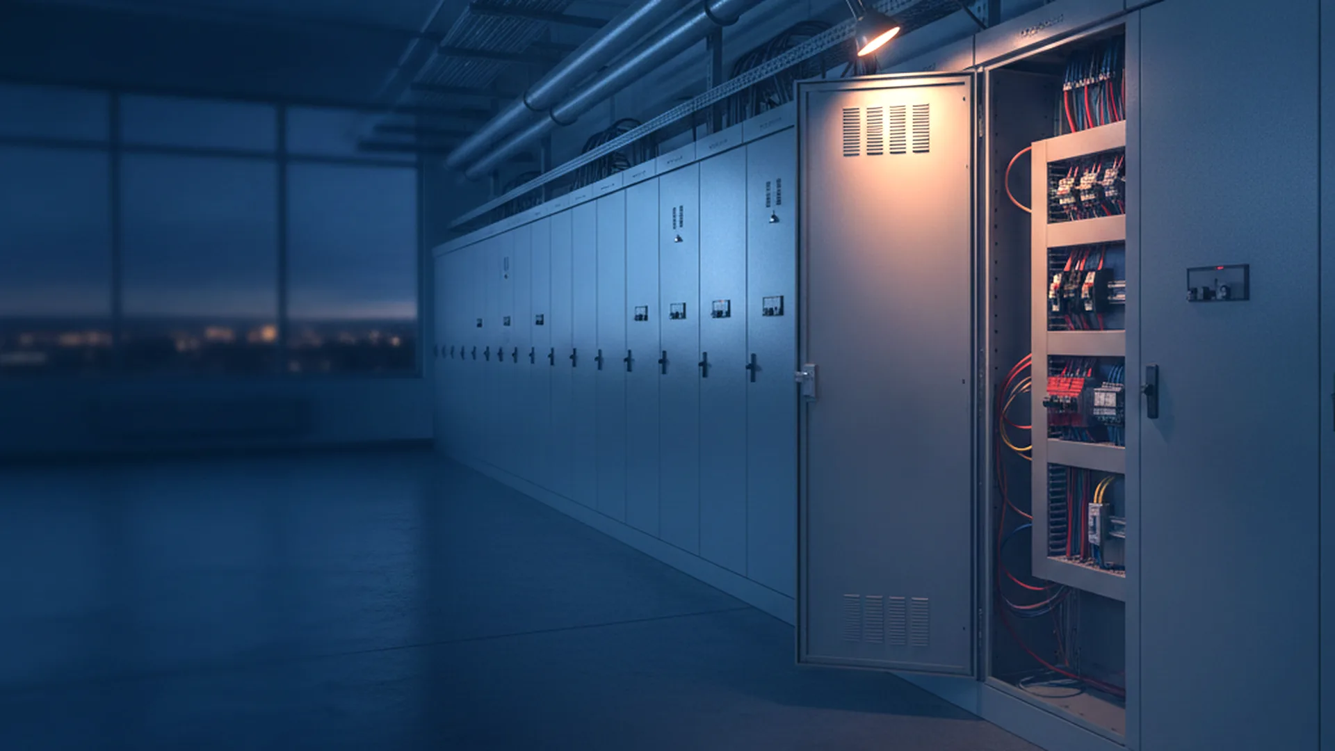 Open switchgear panel in the electrical room of a commercial building