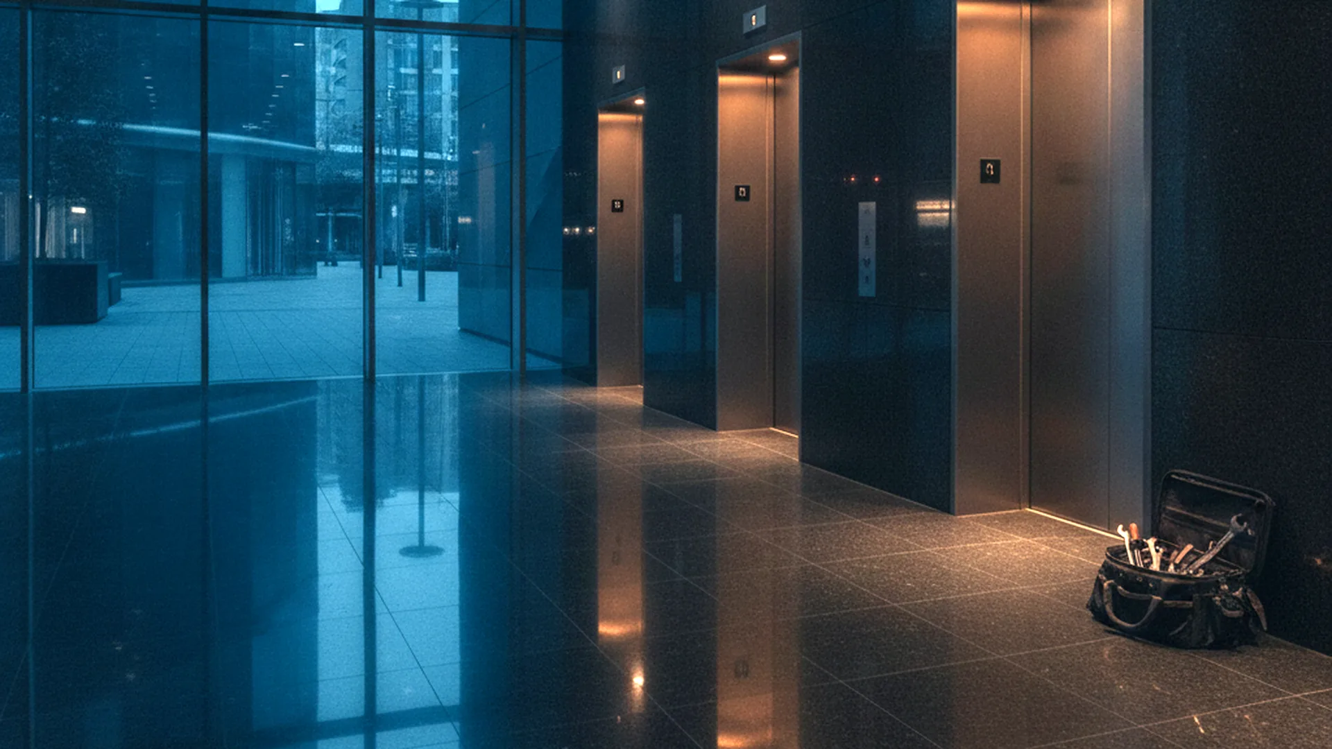 Elevator lobby of a commercial office building with a service technician's tool bag
