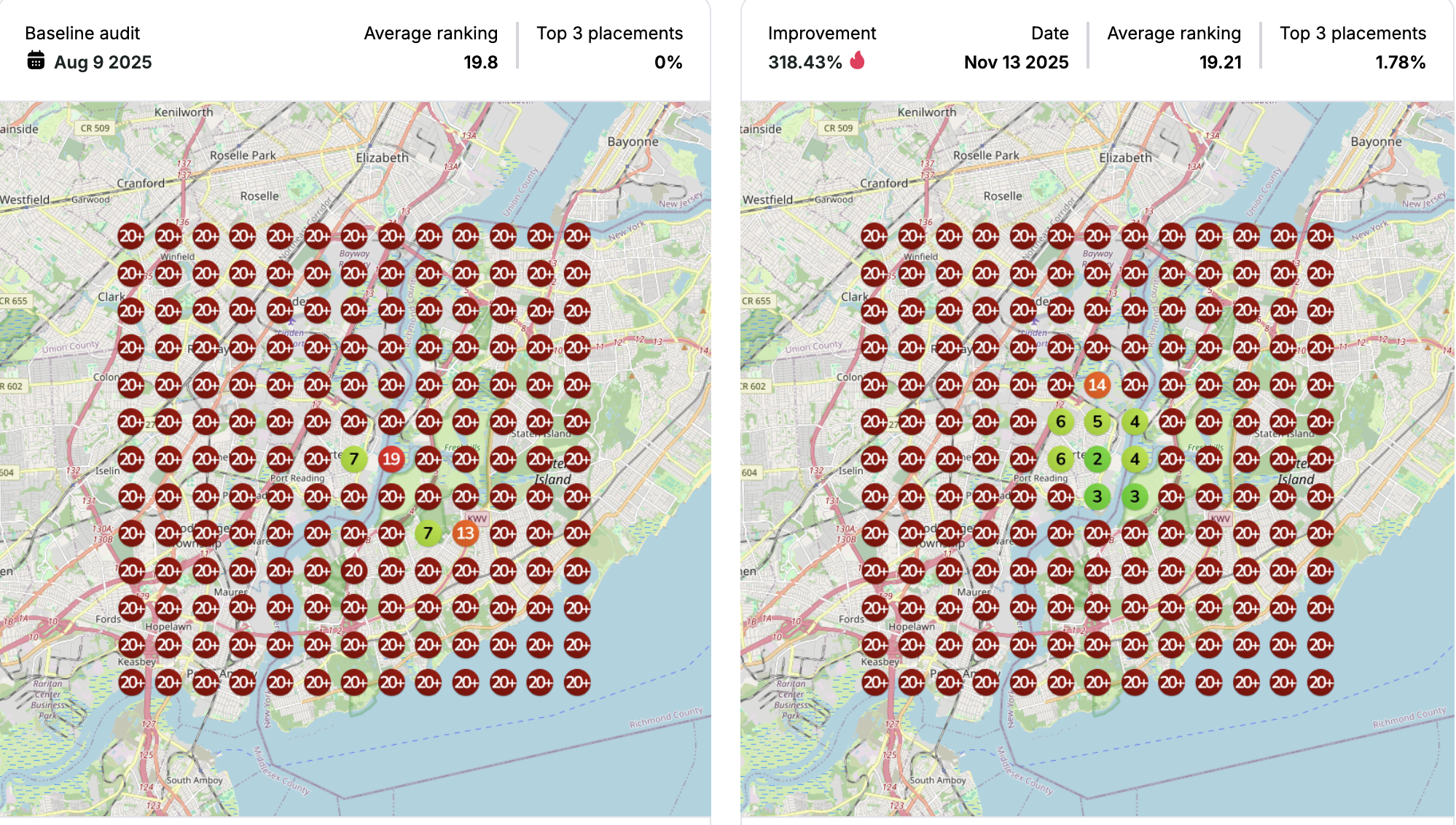 29 Washington geogrid: Aug 2025 baseline all red to Nov 2025 with green pins and top-3 placements, 318% improvement