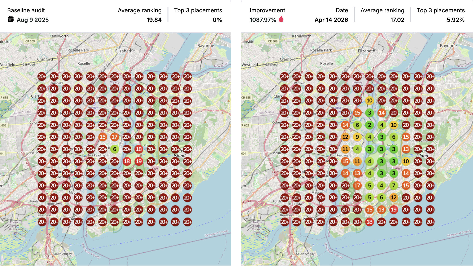 29 Washington geogrid: Aug 2025 all red to Apr 2026 with green and yellow pins spreading, 1087% improvement