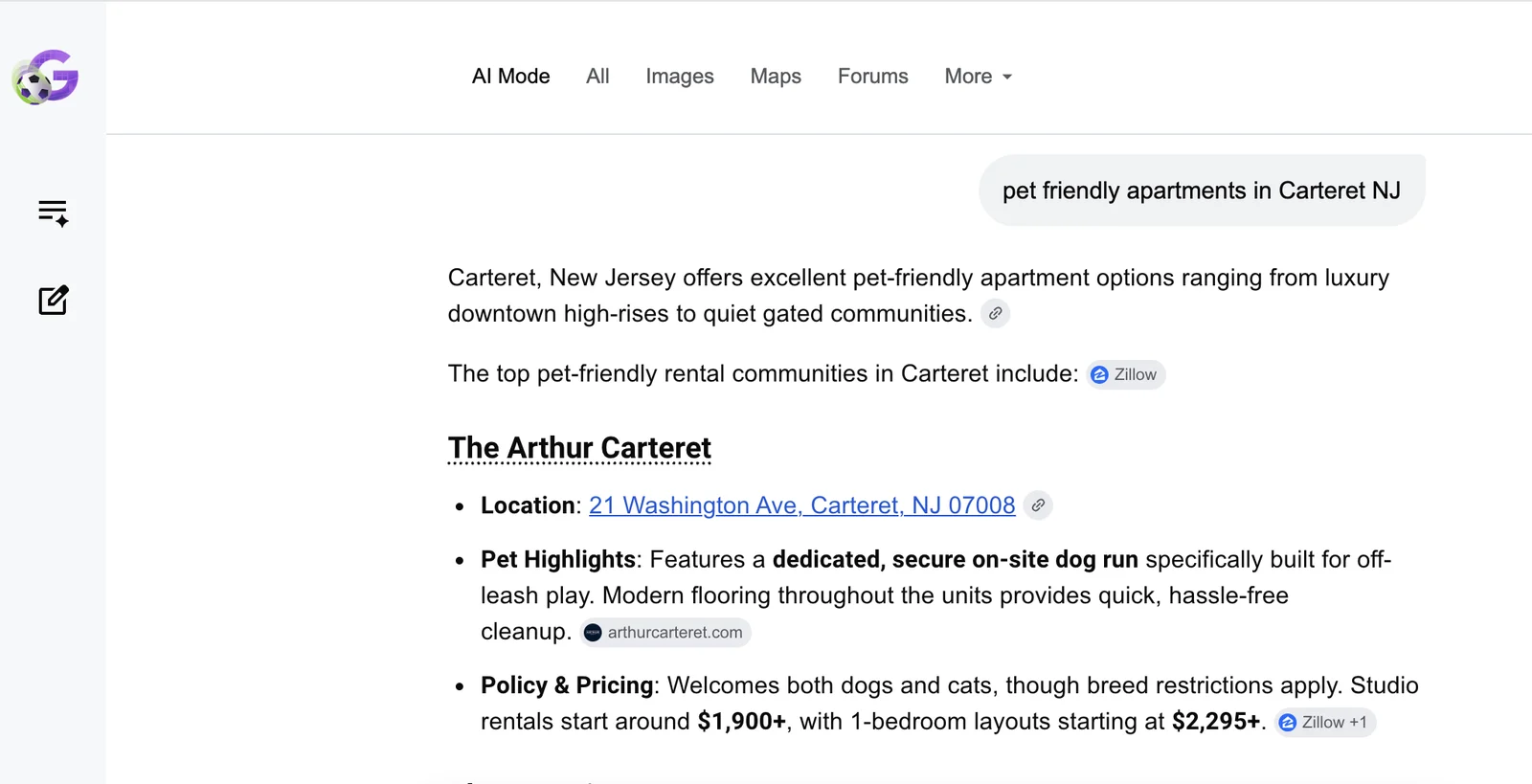 Google AI Mode answering a pet friendly apartments query, naming The Arthur Carteret and citing arthurcarteret.com for the on-site dog run detail