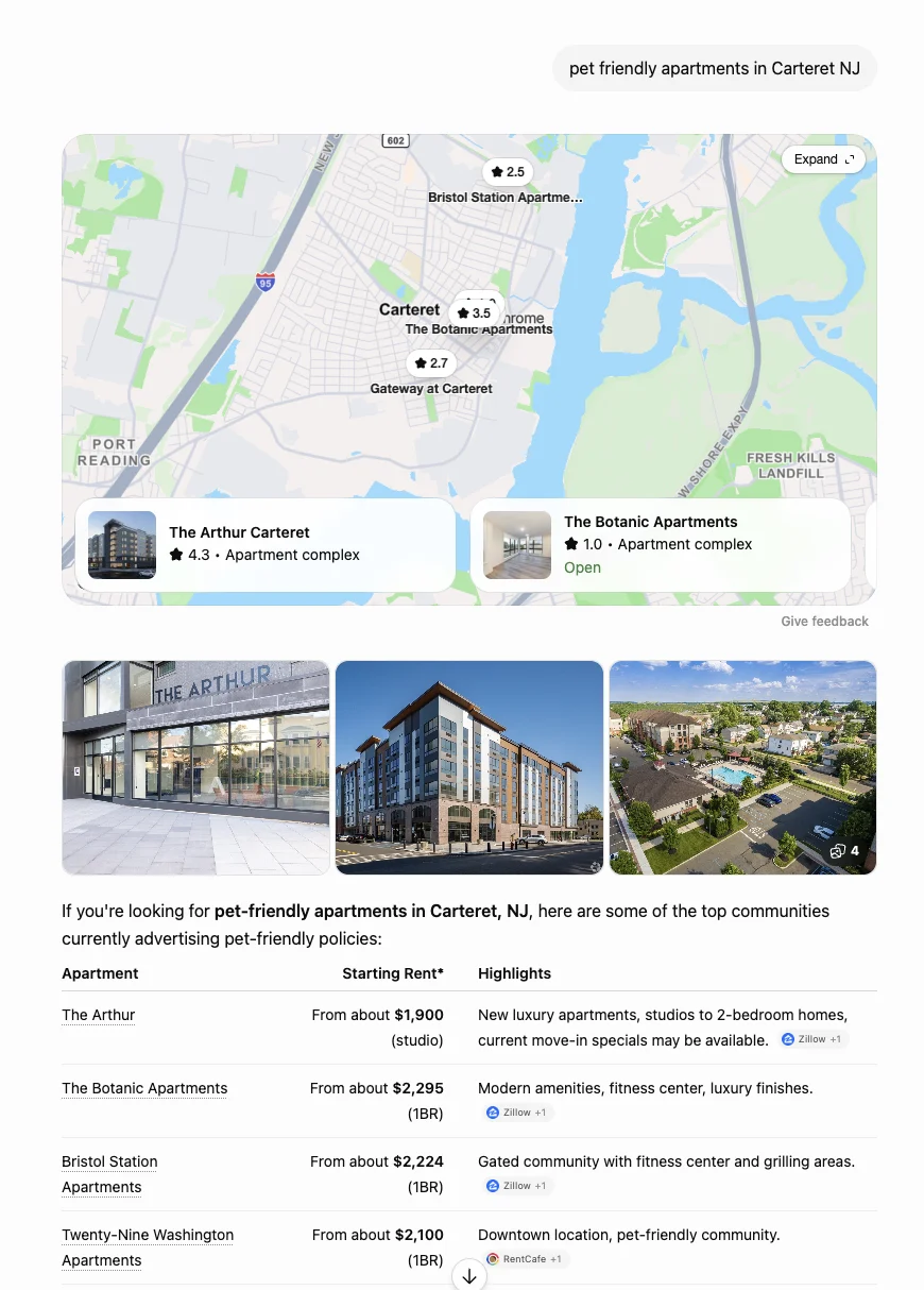 ChatGPT listing pet friendly apartments in Carteret with The Arthur first in the comparison table