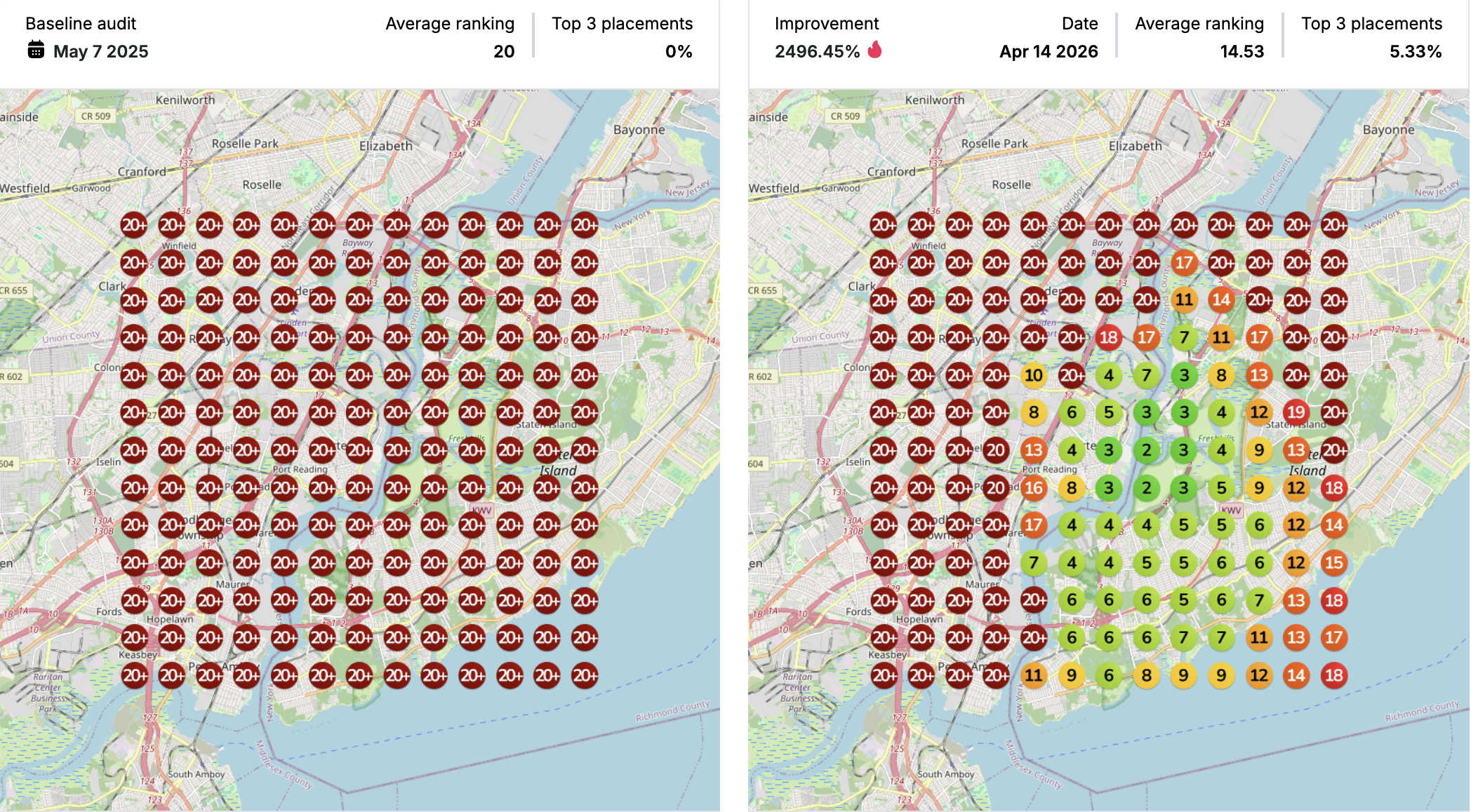The Arthur geogrid showing rankings reaching into Staten Island, NY from Carteret, NJ