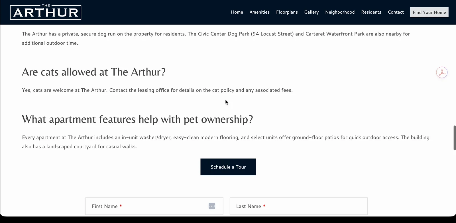 A dedicated pet friendly page with headings asking whether cats are allowed and which apartment features help pet owners