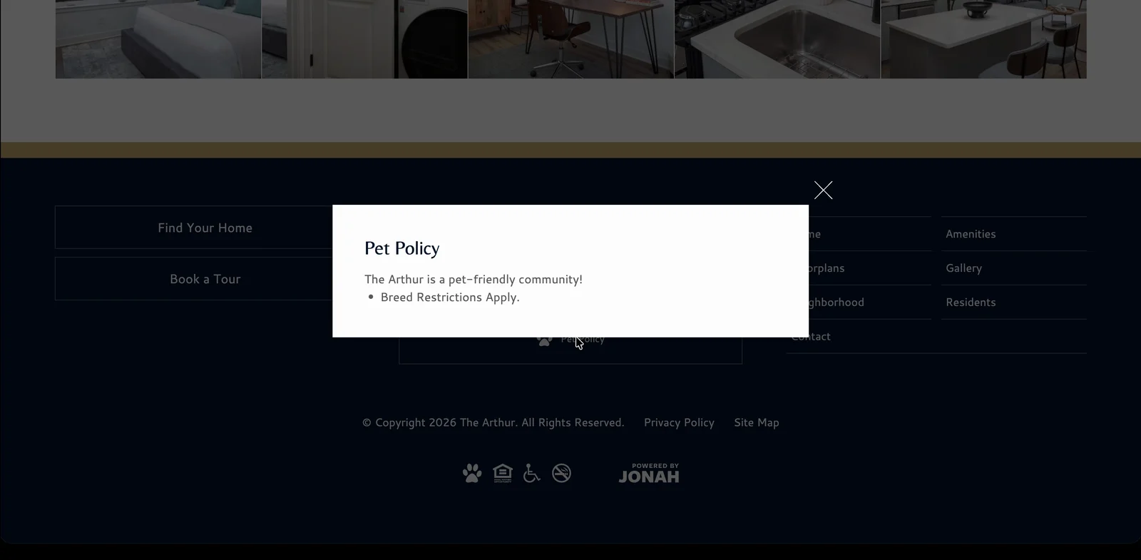 A website popup headed Pet Policy containing one sentence and a breed restrictions note