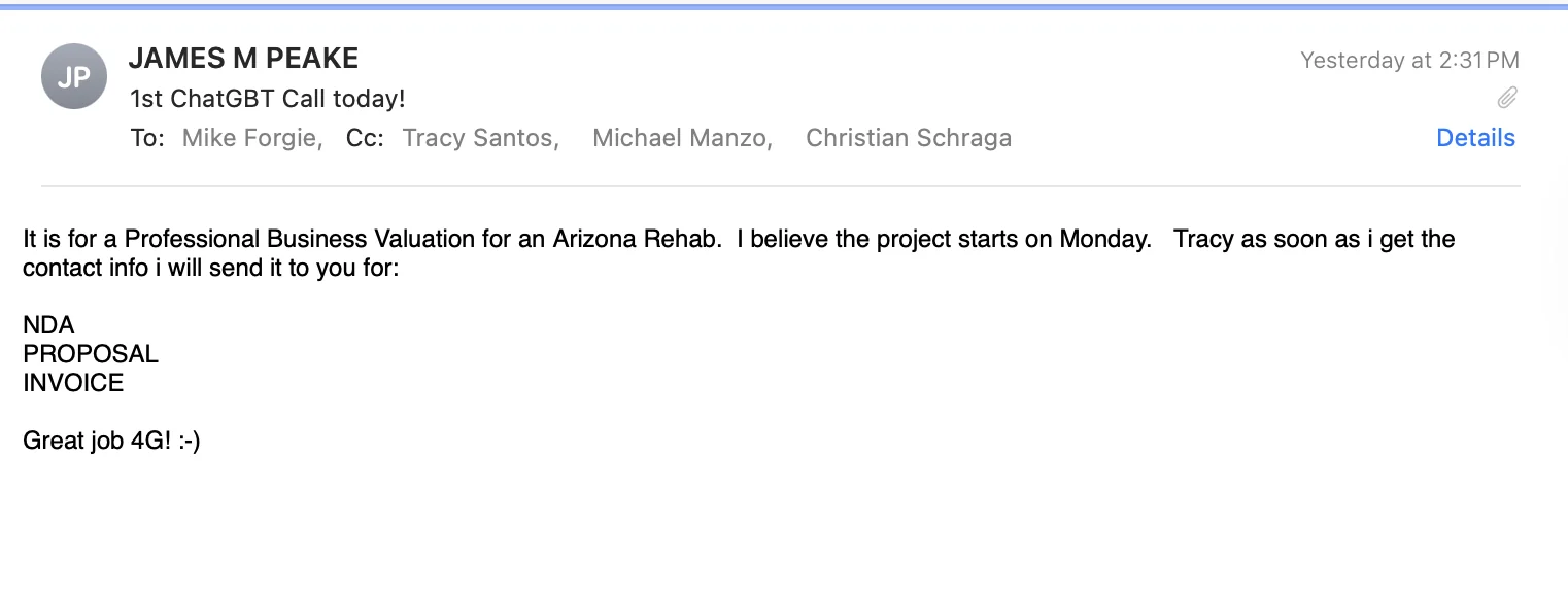 Client email celebrating first deal from ChatGPT recommendation