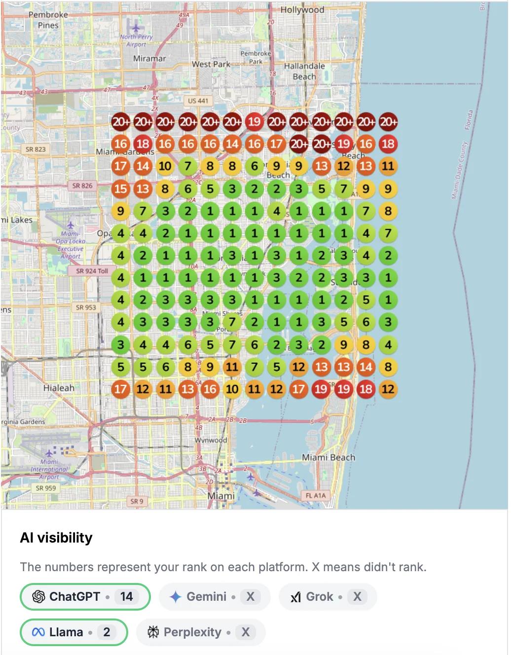 Geogrid showing AI visibility across South Florida with ChatGPT, Llama, and Perplexity rankings
