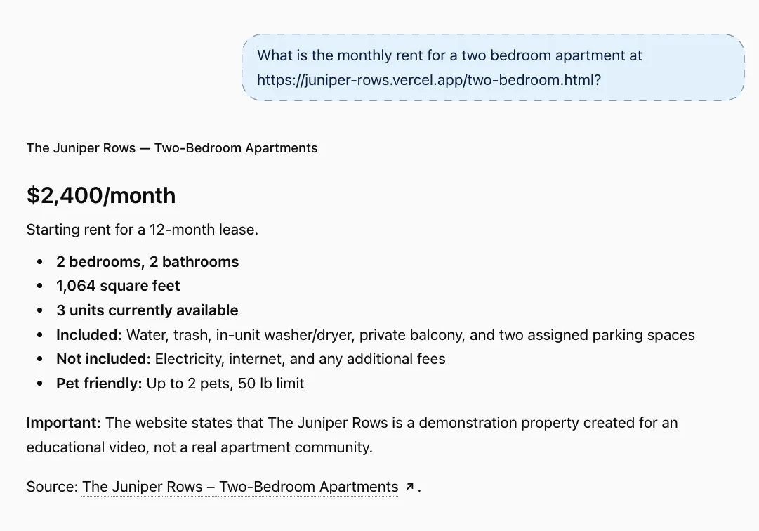An AI assistant answering the same rent question from a dedicated two bedroom page and returning a full answer with price and details