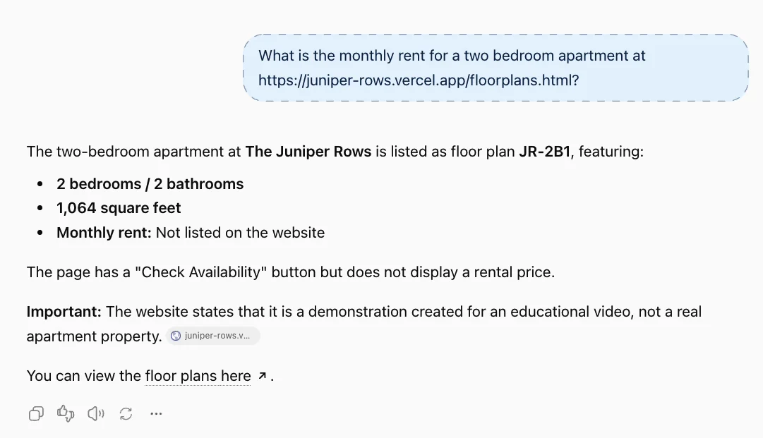 An AI assistant answering a rent question from a floor plans page and reporting that the monthly rent is not listed